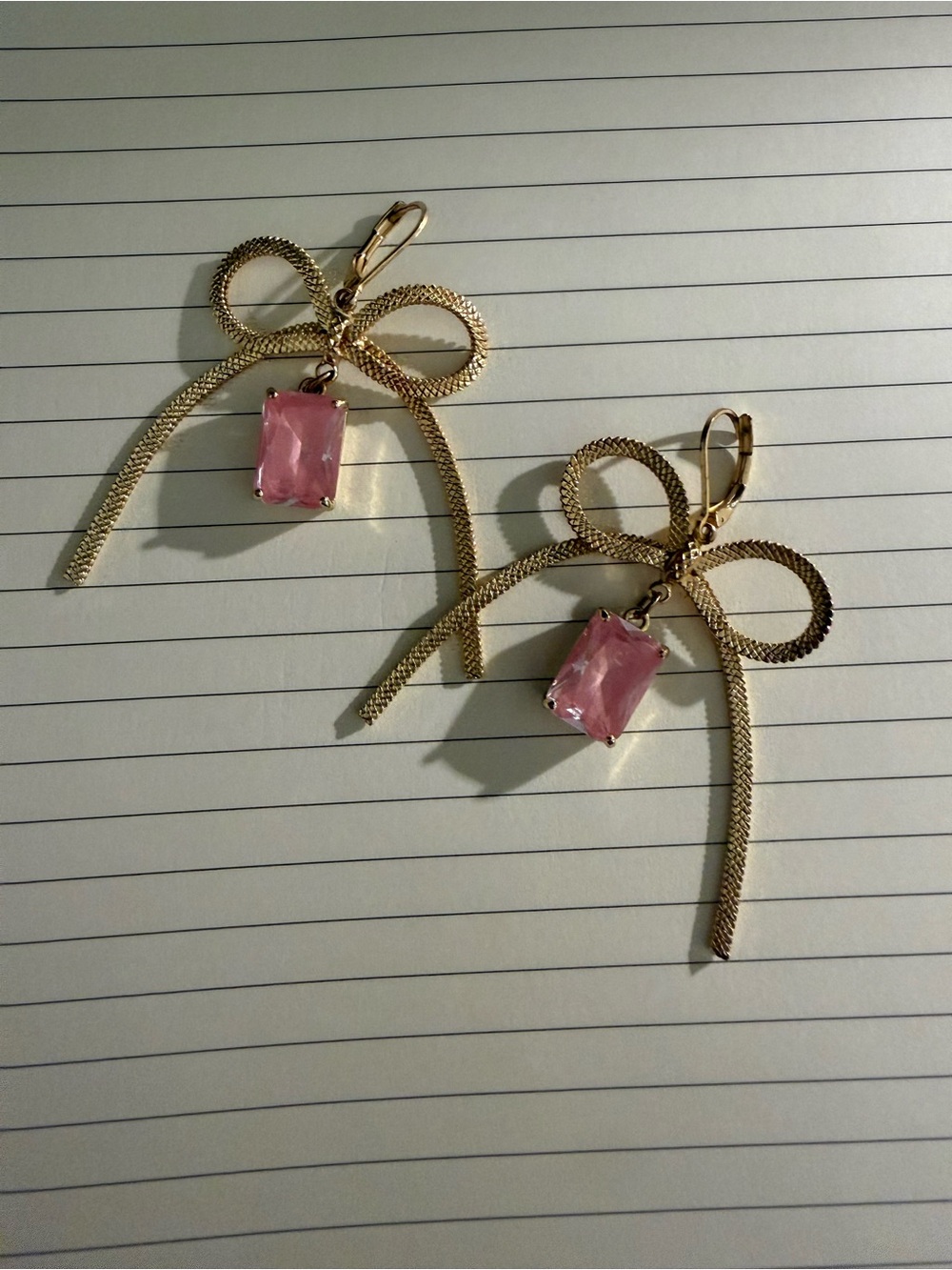 Gold Bow Earrings with Pink Crystal Drops